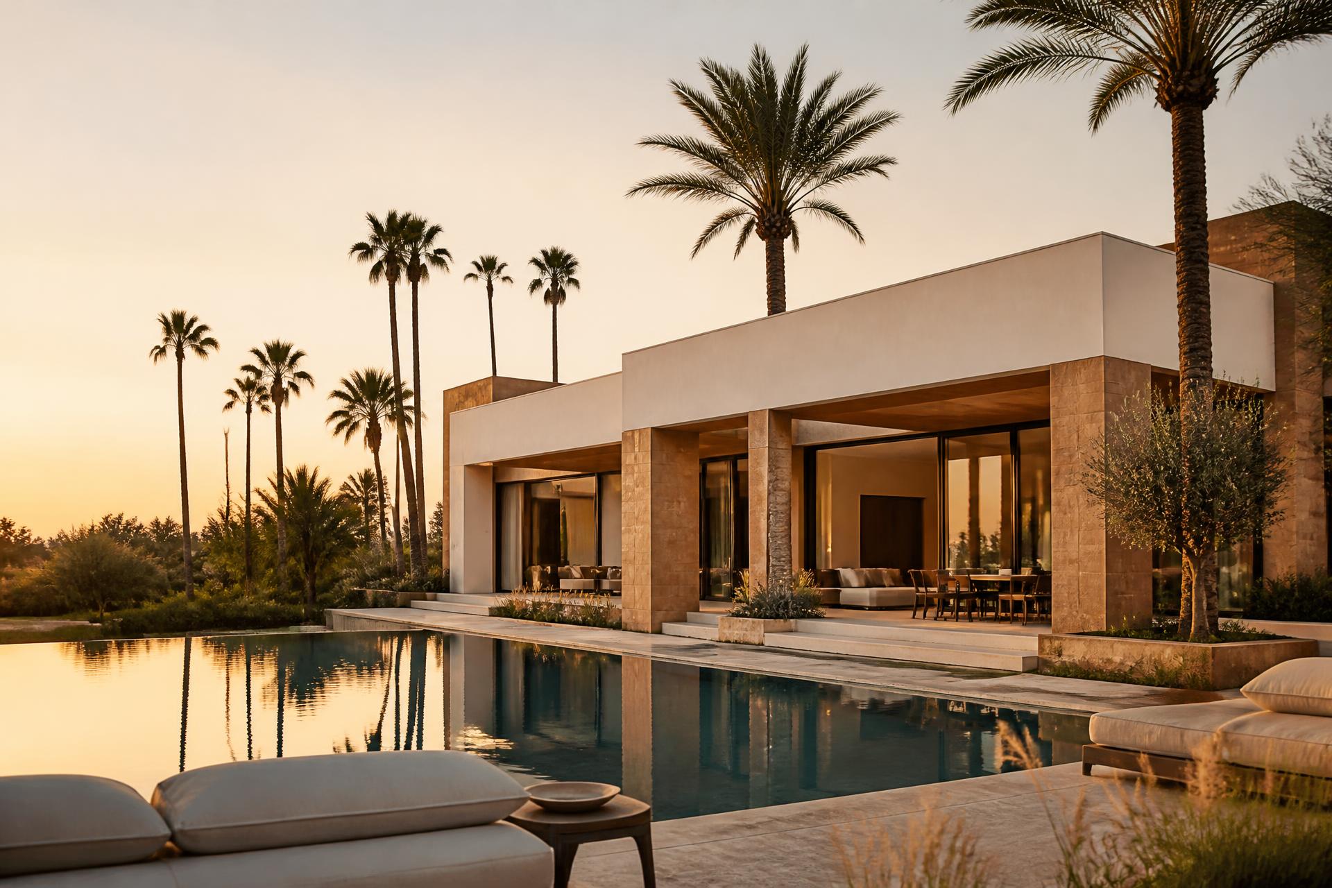 Villa contemporaine avec piscine à Marrakech au coucher du soleil