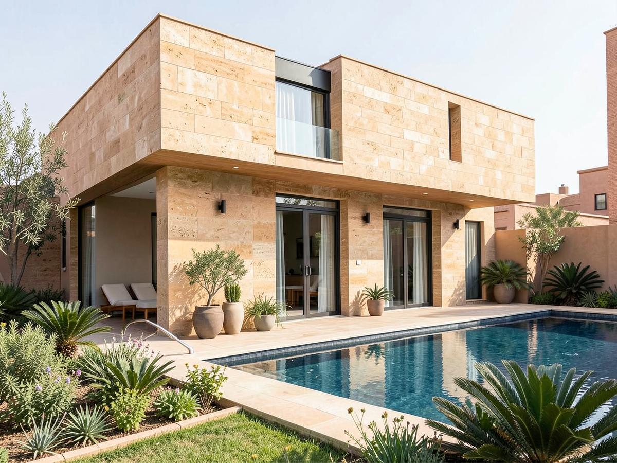 Façade en pierre d'une villa contemporaine à Marrakech avec piscine