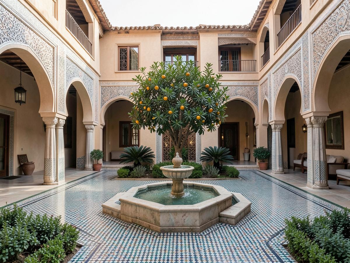 Patio d'un riad rénové à Marrakech avec fontaine et zellige