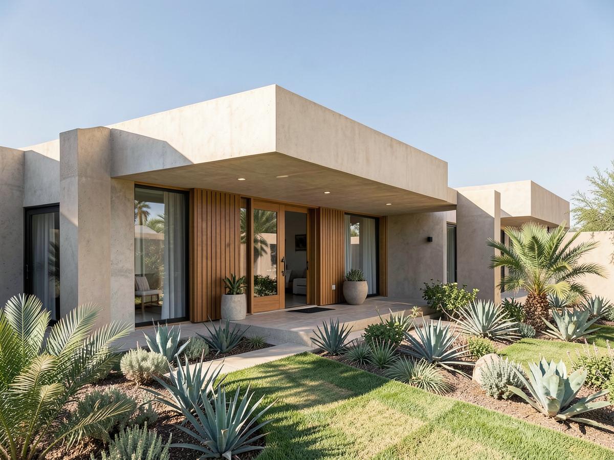 Entrée bois et béton de la villa contemporaine